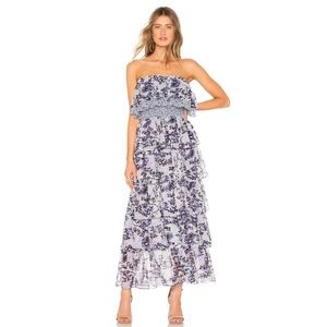 Misa Los Angeles blue floral strapless dress